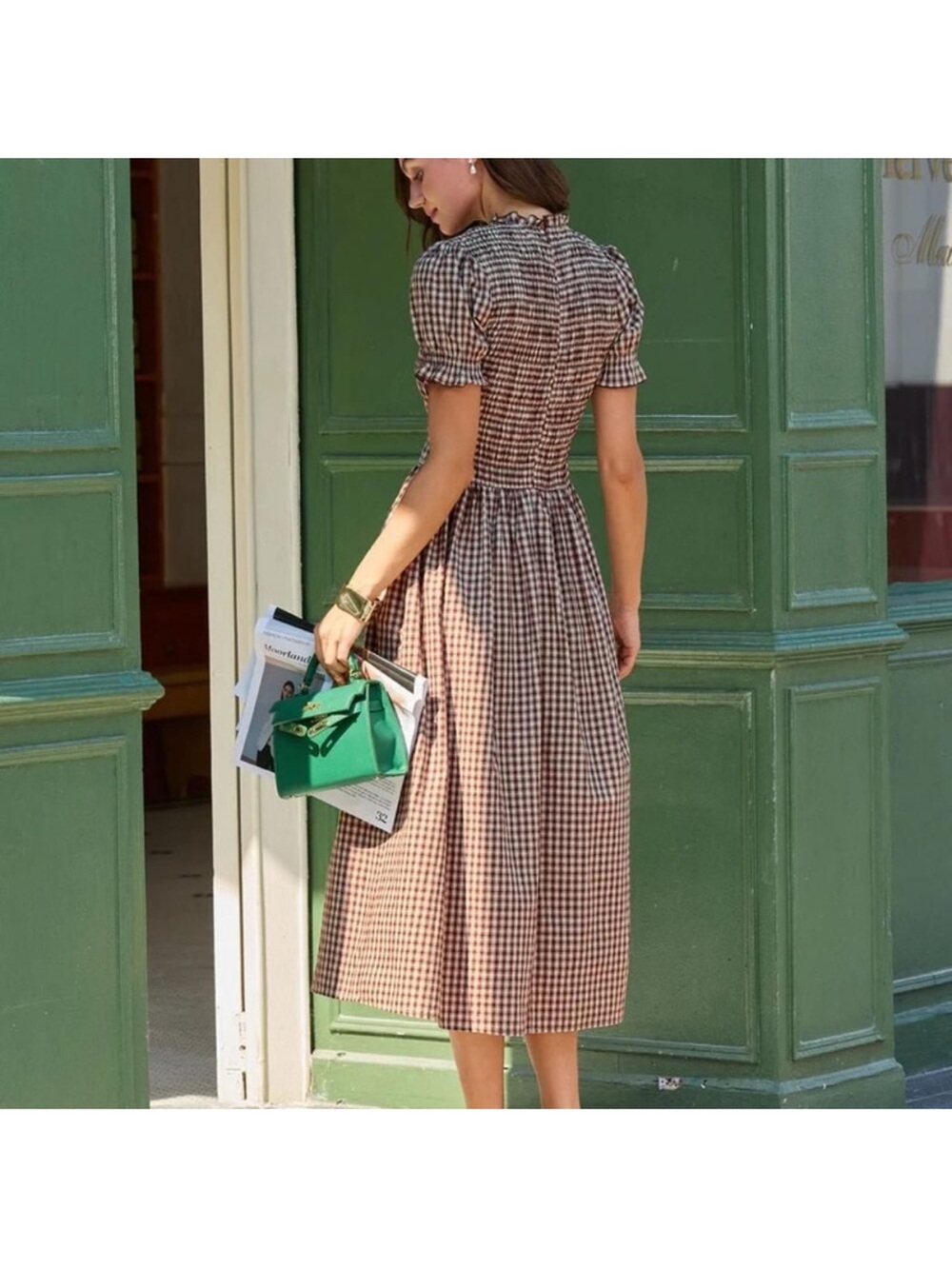RIHOAS Brown Gingham Smocked Midi Dress - Picture 2 of 4